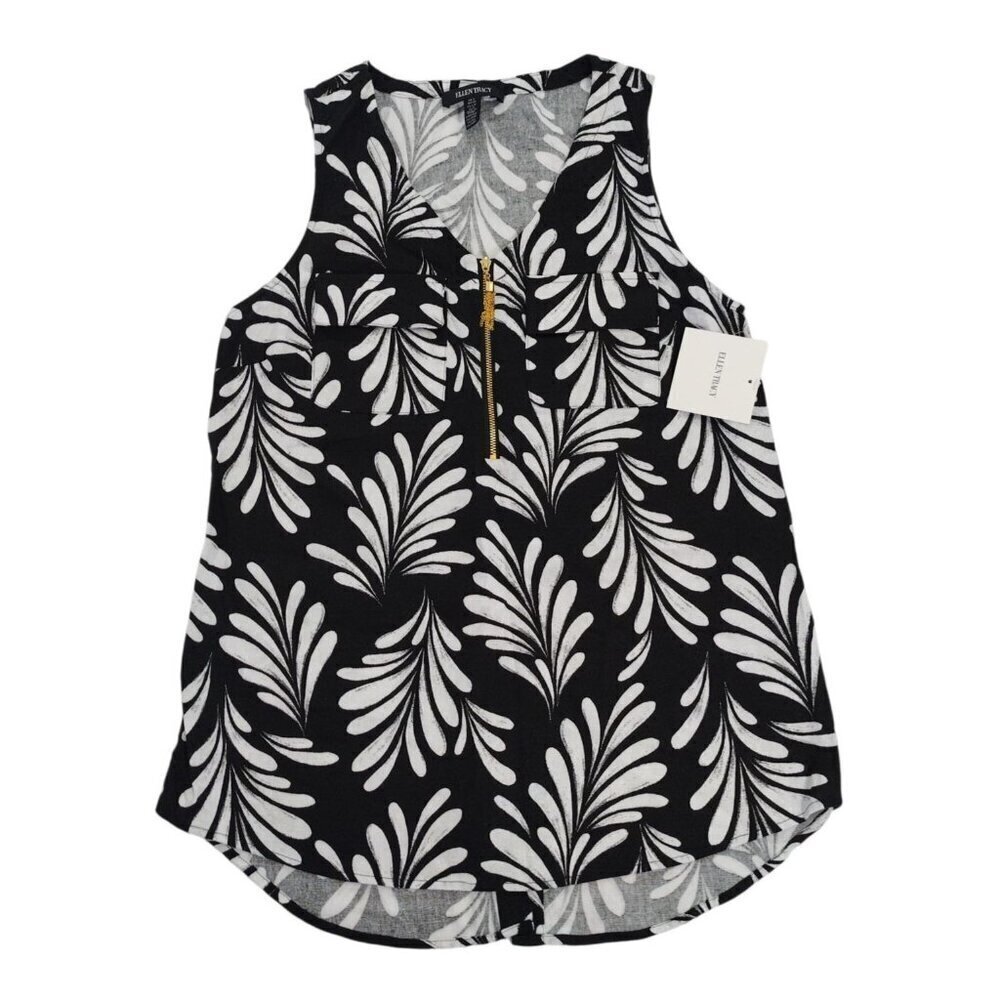 Ellen Tracy Black & White Sleeveless Floral Print Linen Blend Top Womens Size S.